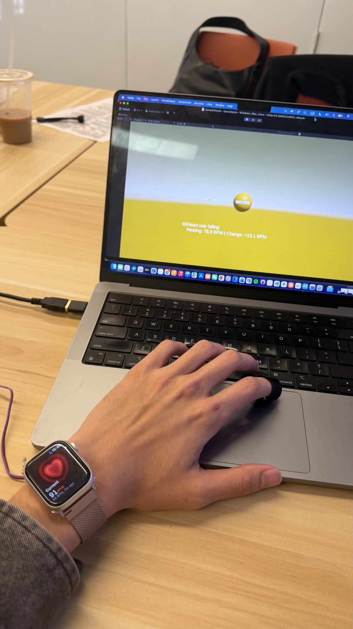 Prototype test: a Unity scene reacting to live heart rate from an Apple Watch